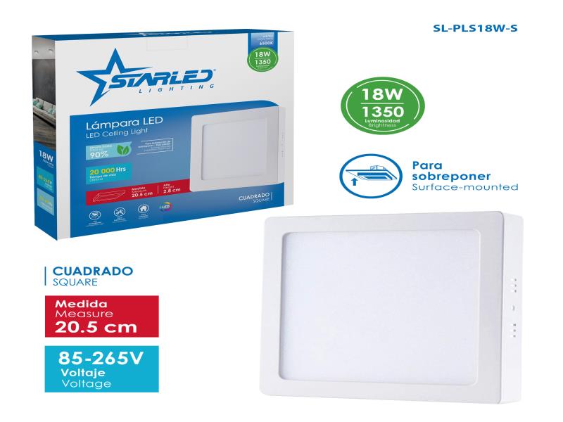 LAMPARA PANEL LED CUADRADO 18W - DE SOBREPONER 20.5X2 UNID STARLED