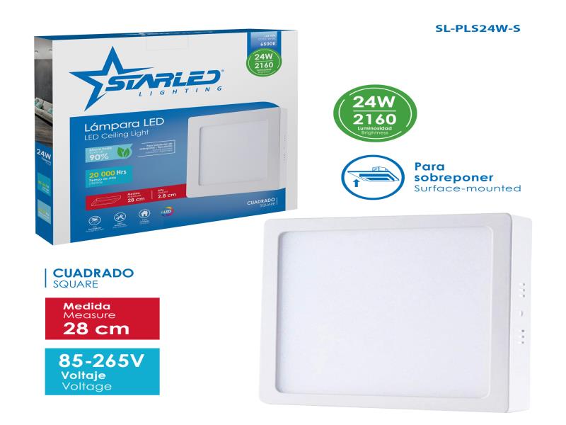LAMPARA PANEL LED CUADRADO 24W - DE SOBREPONER 28X2.8 UNID STARLED