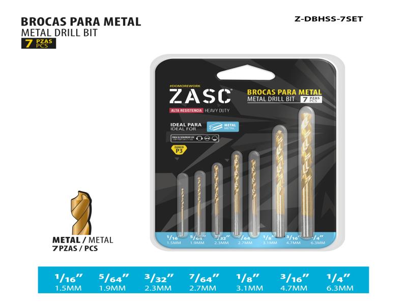 SET DE BROCAS PARA METAL 7PZS 1/16"-1/4" UNID ZASC