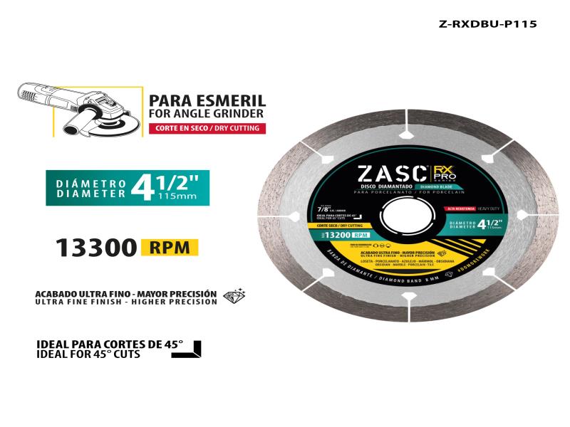 DISCO DIAMANTADO PARA PORCELANATO 4 1/2" (115MM) CORTE PRECISO UNID ZASC