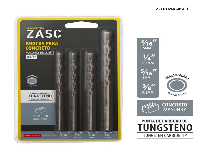 SET DE BROCAS PARA CONCRETO 3/16"-3/8" 4 PZAS TUNGSTENO UNID ZASC
