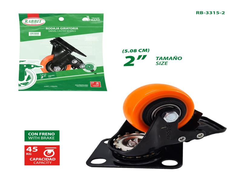 RUEDA GIRATORIA 2" POLIURETANO CON FRENO NARANJA UNID RABBIT