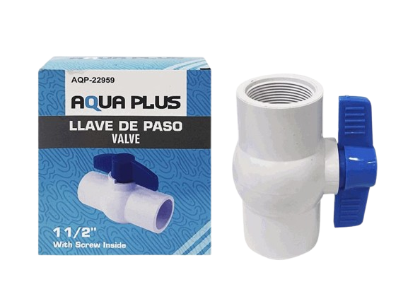 VALVULA BOLA PVC CAJA 11/2 ROSCA MANGO AZUL UNID AQUA PLUS