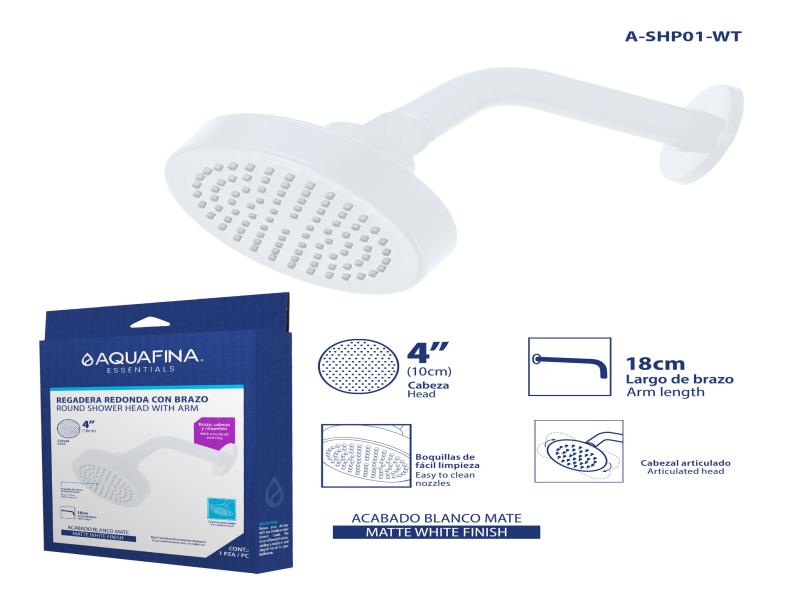 REGADERA REDONDA CON BRAZO 4" ACABADO BLANCO MATE UNID AQUAFINA