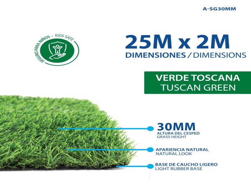 GRAMA SINTETICA 30MM ROLLO (50 MTS2)  VERDE TOSCANA UNID AQUAFINA