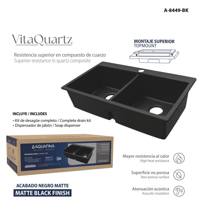 FREGADERO DOBLE 84X49CM - NEGRO MATE UNID AQUAFINA