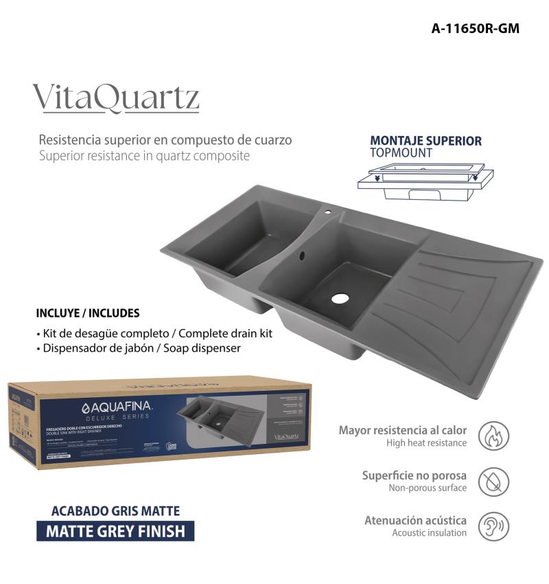 FREGADERO DOBLE CON ESCURRIDOR DERECHO 116X50CM UNID AQUAFINA