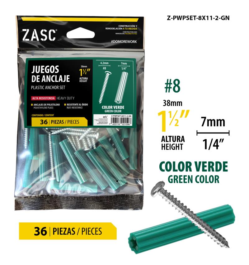 SET DE RAMPLUG Y TORNILLO1/4X1-1/2 #8X1-1/2 - COLOR VERDE UNID ZASC
