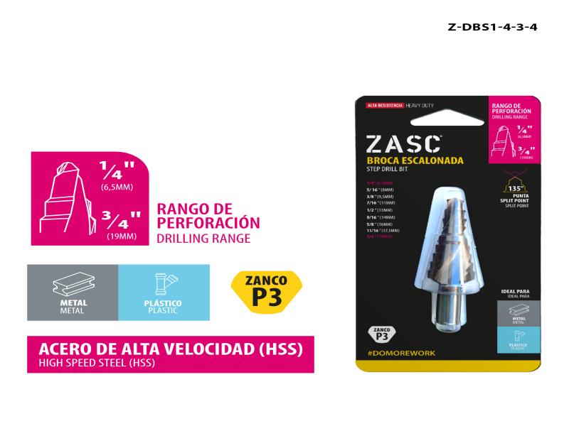 BROCA ESCALONADA HSS - 1/4" - 3/4" METAL-PLASTICO UNID ZASC