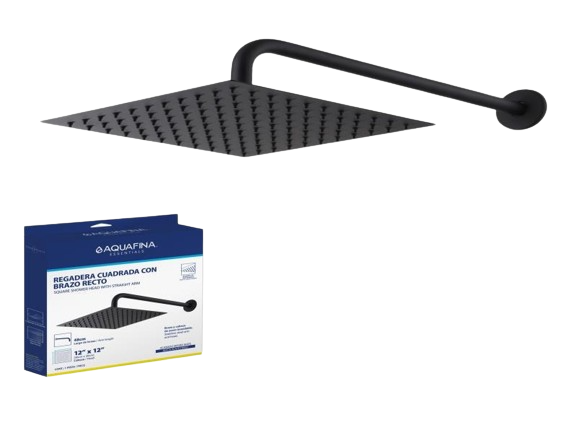 REGADERA CUADRADA 12" CON BRAZO RECTO 48CM NEGRO MATE UNID AQUAFINA