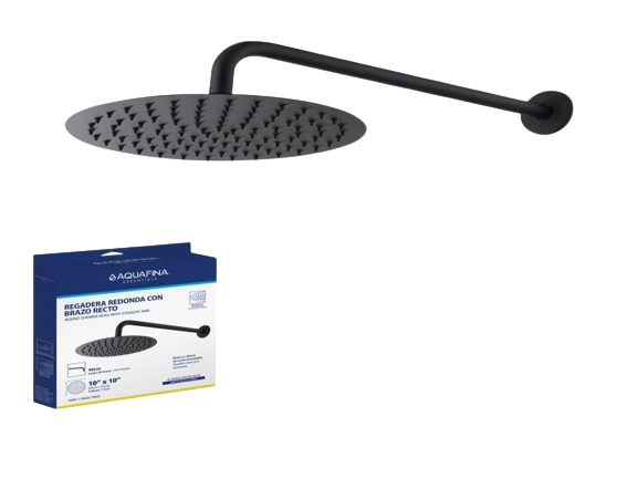 REGADERA REDONDA 10" CON BRAZO RECTO 40CM NEGRO MATE UNID AQUAFINA