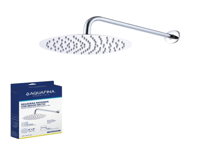 REGADERA REDONDA 8" CON BRAZO RECTO 40CM ACABADO CROMADO ESPEJO UNID AQUAFINA