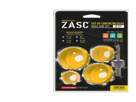 SET DE CORTACÍRCULOS 1 1/4"-2"-1 1/2"-2 1/8" C/MANDRIL 5 PZAS UNID ZASC