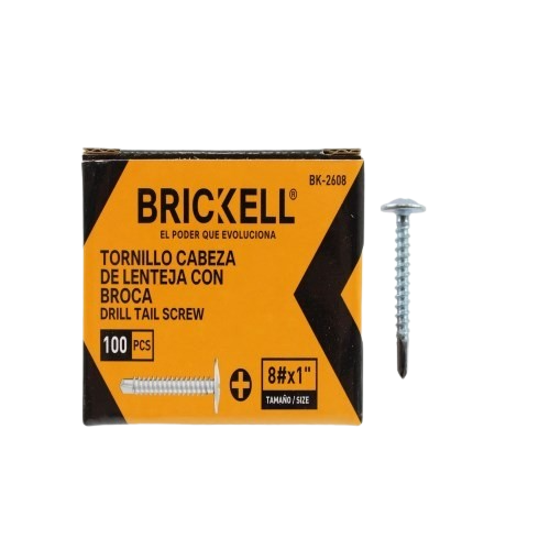TORNILLO CABEZA DE LENTEJA PUNTA BROCA DE 8 X 1" - 100 PZAS UNID BRICKELL