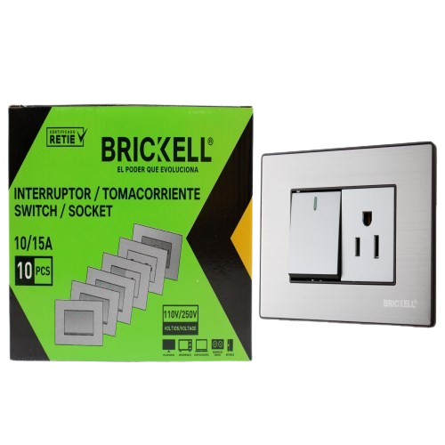 INTERRUPTOR + TOMACORRIENTE 10A 110-125V GRIS METAL UNID BRICKELL