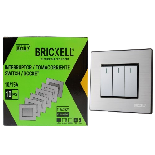 INTERRUPTOR APAGADOR TRIPLE 10A 110-125V GRIS METAL UNID BRICKELL