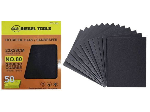 PAPEL DE LIJA 80  GRANO 50 PZAS UNID DIESEL TOOLS