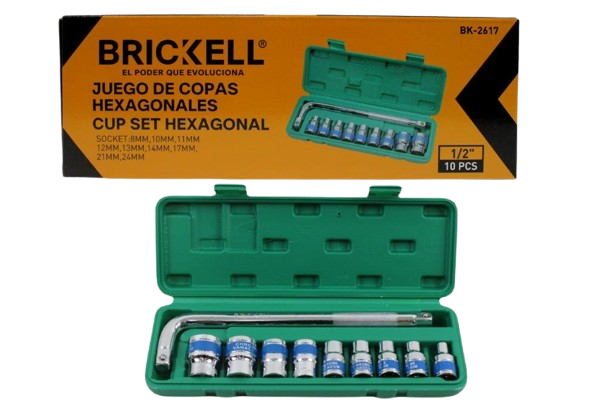 SET DE JUEGO DE DADOS/COPAS HEXAGONALES  1/2" CON 8 PCS (8-24 MM) UNID BRICKELL