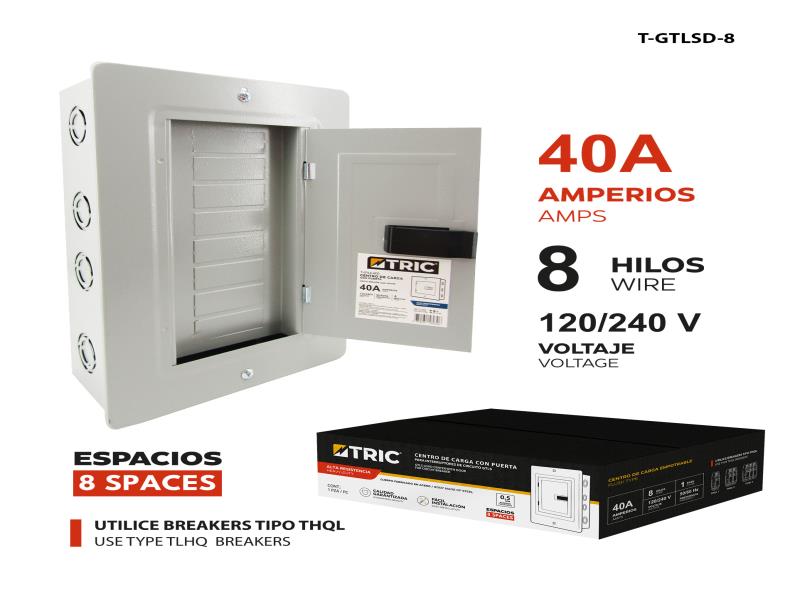 CAJA DE BREAKER C/TAPA 8 CIRCUITOS 40 AMP-100/220V UNID TRIC