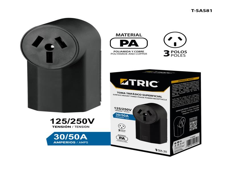 TOMA HEMBRA TRIFÁSICO SUPERFICIAL 50A 250V UND TRIC