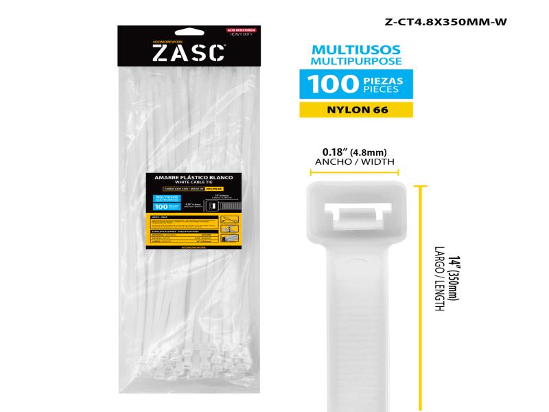 TIRRAP ZUNCHO BLANCO 4.8x350MM 100 PZAS UNID ZASC