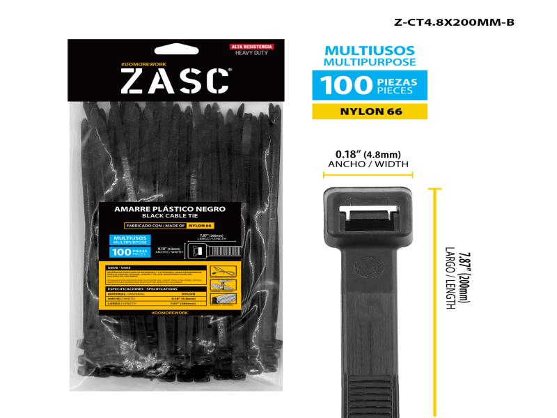 TIRRAP ZUNCHO BLANCO/NEGRO 4.8x200MM 100 PZAS UNID ZASC