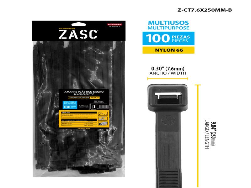 TIRRAP ZUNCHO BLANCO/NEGRO 4.8x250MM 100 PZAS UNID ZASC