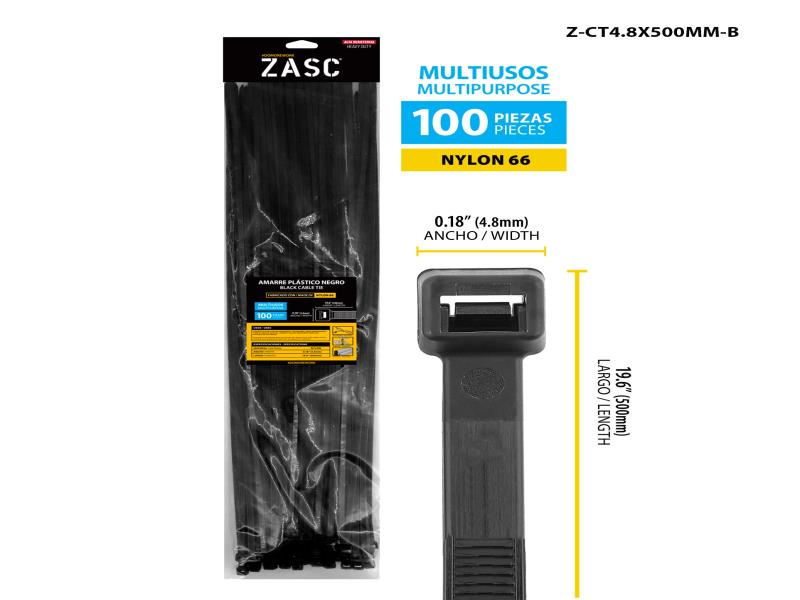 TIRRAP ZUNCHO BLANCO/NEGRO 4.8x500MM 100 PZAS UNID ZASC