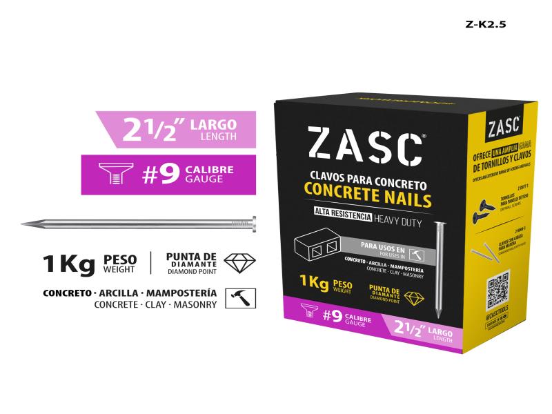 CLAVOS DE CONCRETO 2 1/2" CAL #9 1KG UNID ZASC
