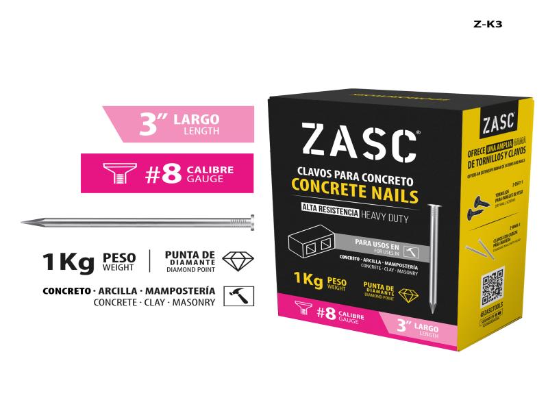 CLAVOS DE CONCRETO 3" CAL #8 1KG UNID ZASC