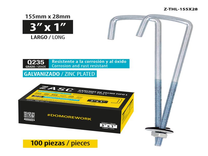 GANCHO DE TECHO TIPO L 3X1"-155MM LARGO 100PZA UNID ZASC