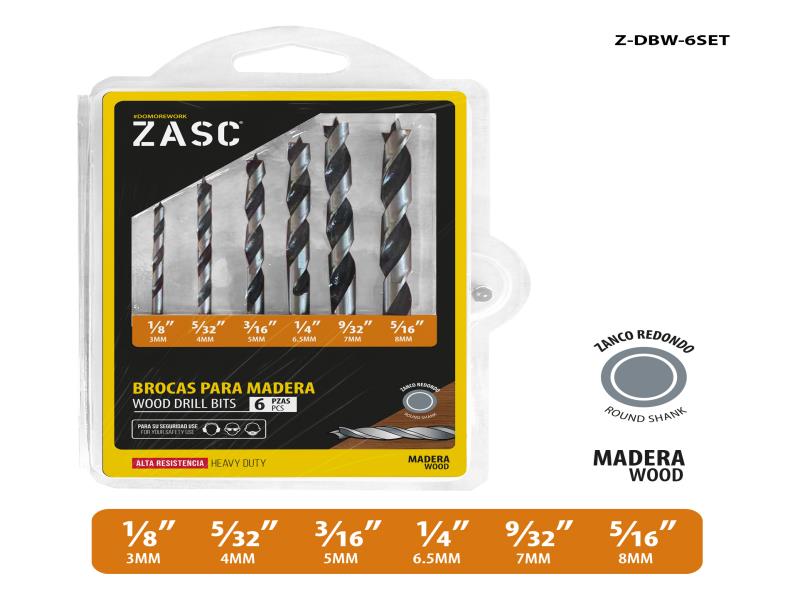 SET DE BROCAS PARA MADERA 1/8"-5/16" 6 PZAS UNID ZASC