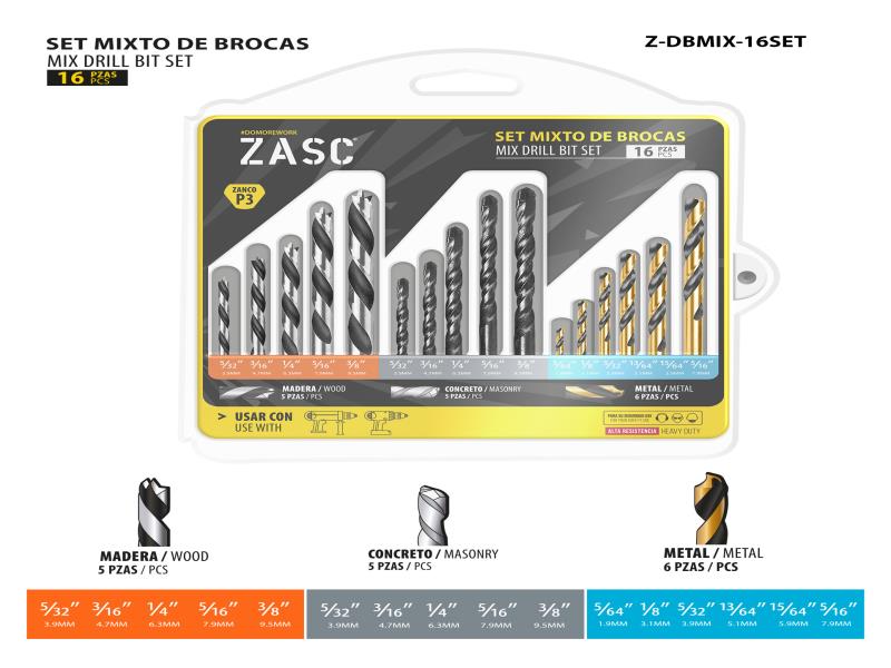 SET DE BROCAS 16PZS MADERA/CONCRETO/METAL UNID ZASC