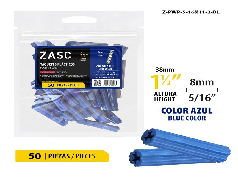 RAMPLUG PLÁSTICO PARA PARED AZUL 5/16"X1 1/2" 50 PZAS UNID ZASC