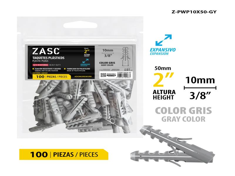 RAMPLUG PLÁSTICO PARA PARED GRIS 3/8"X2" 100 PZAS UNID ZASC