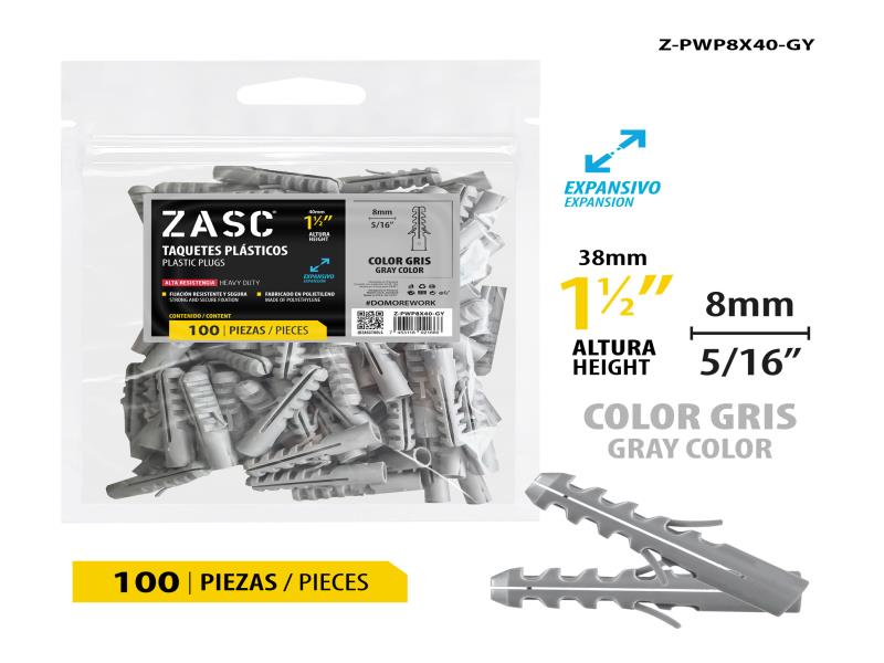 RAMPLUG PLÁSTICO PARA PARED GRIS 5/16"X1 1/2" 100 PZAS UNID ZASC