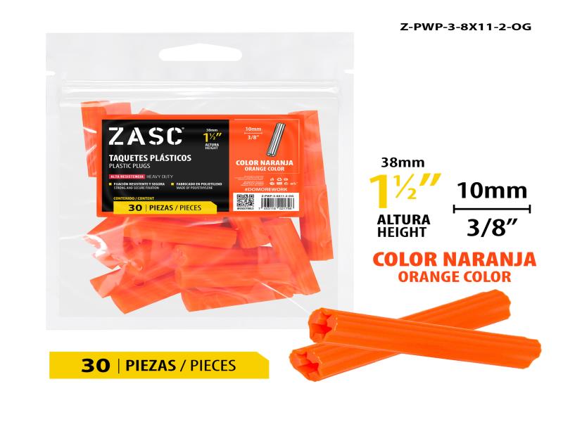 RAMPLUG PLÁSTICO PARA PARED NARANJA 3/8"X1 1/2" 30 PZAS UNID ZASC