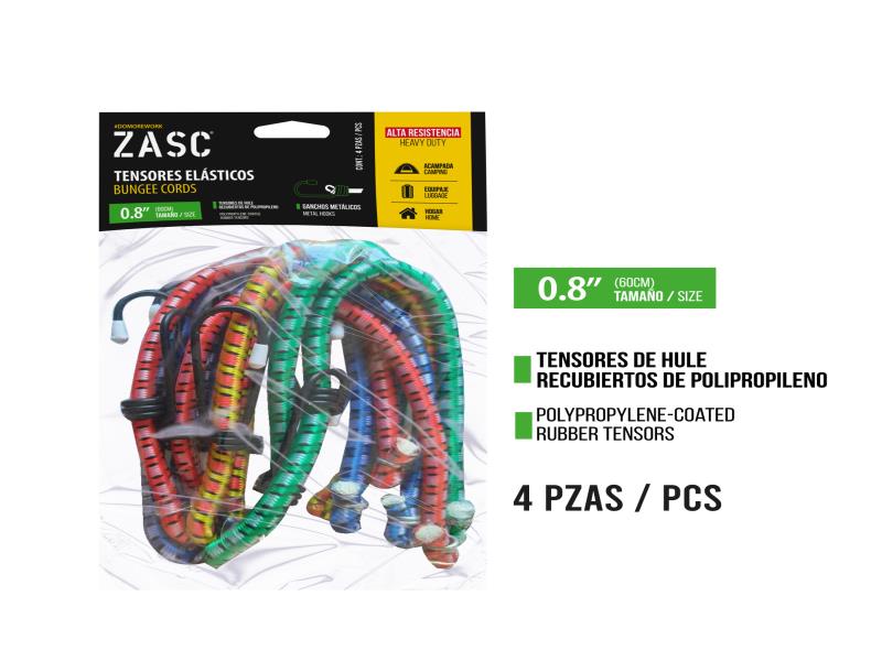 TENSORES ELÁSTICOS  0.8X60CM VARIOS COLORES 4PZAS UNID ZASC