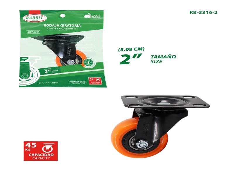 RUEDA GIRATORIA 2" POLIURETANO SIN FRENO NARANJA UNID RABBIT