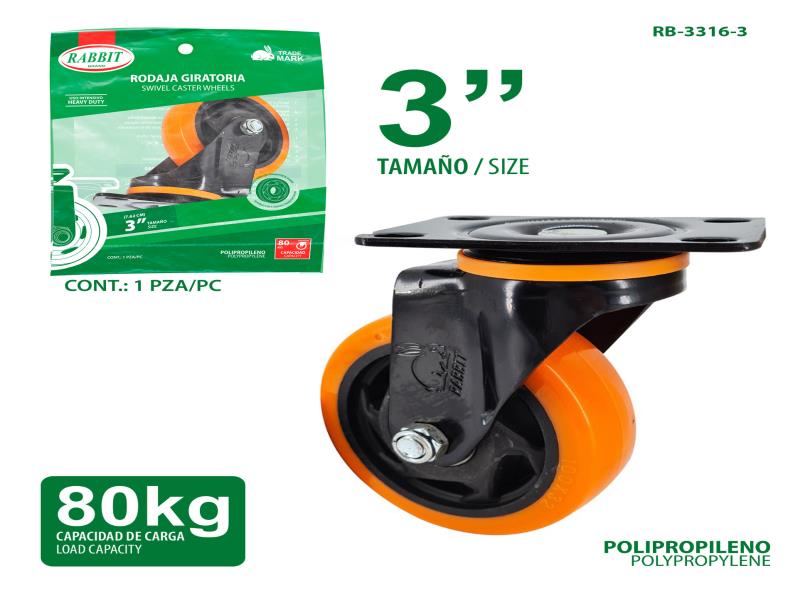 RUEDA GIRATORIA 3" POLIURETANO SIN FRENO NARANJA UNID RABBIT