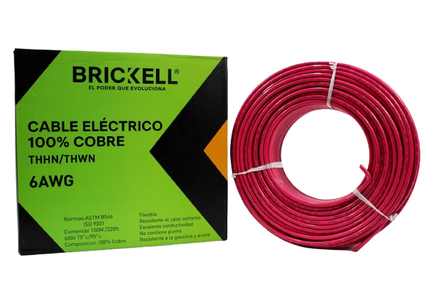 CABLE ELECTRICO THHN 6AWG 100% COBRE ROJO 100 METROS UNID BRICKELL