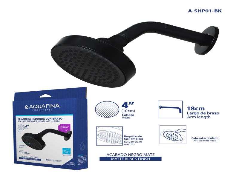 REGADERA REDONDA CON BRAZO 4" ACABADO NEGRO MATE UNID AQUAFINA