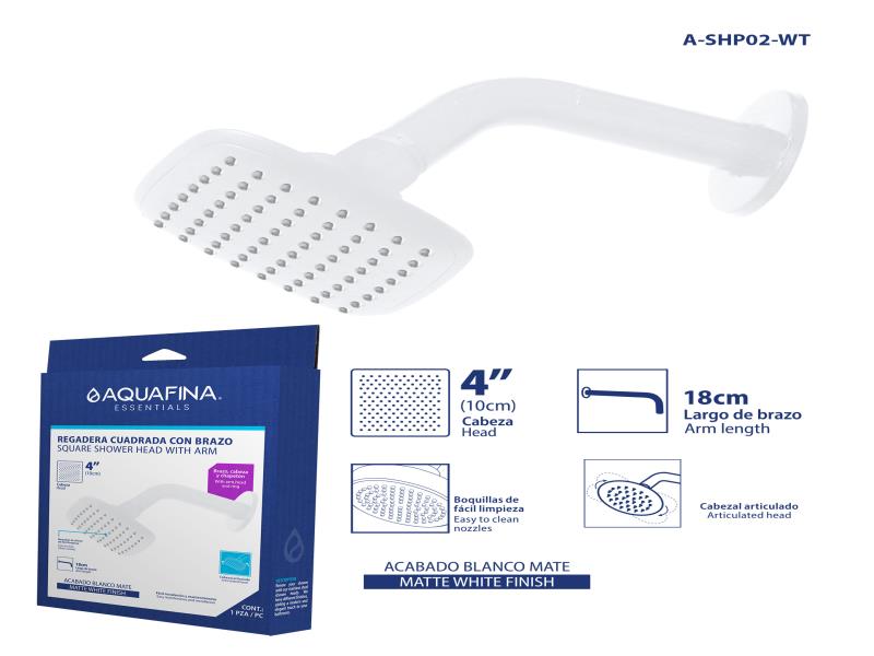 REGADERA CUADRADA CON BRAZO 4" ACABADO BLANCO MATE UNID AQUAFINA