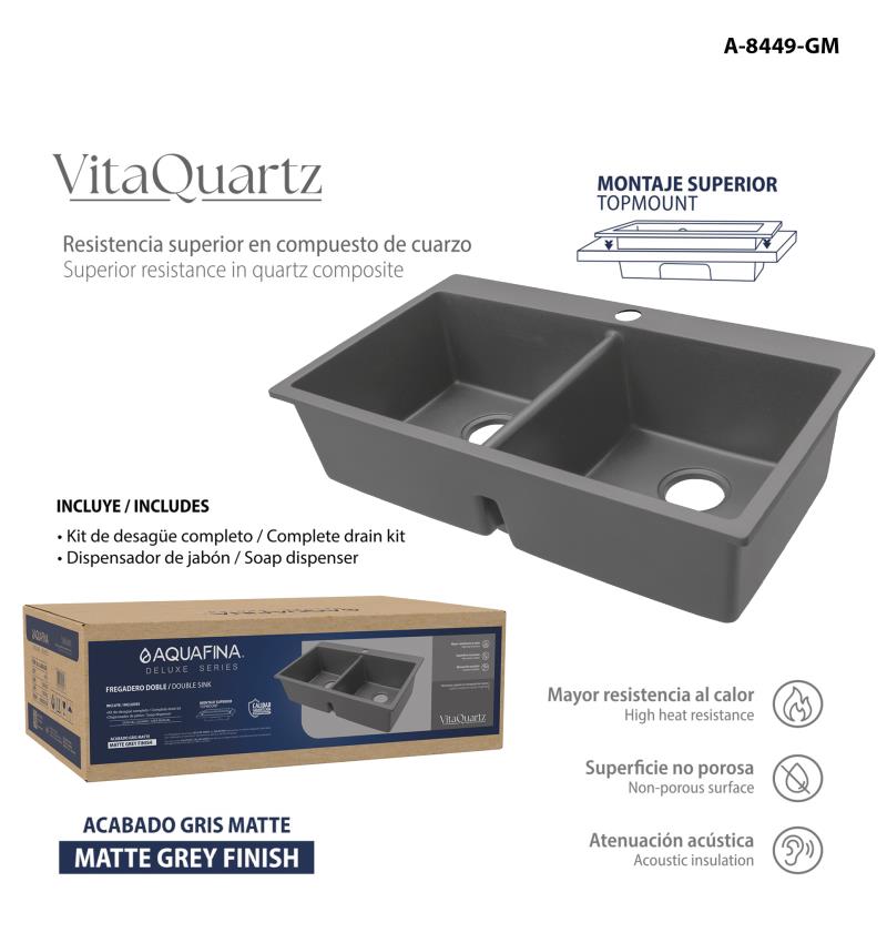 FREGADERO DOBLE 84X49CM - GRIS PLOMO UNID AQUAFINA