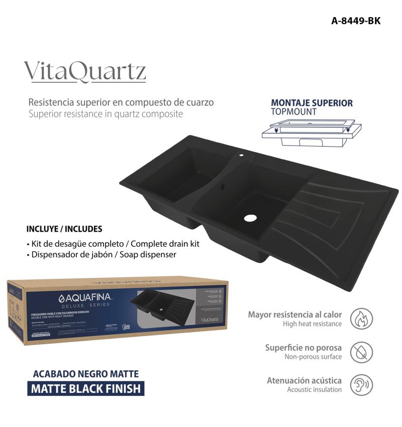 FREGADERO DOBLE CON ESCURRIDOR DERECHO 116X50CM UNID AQUAFINA