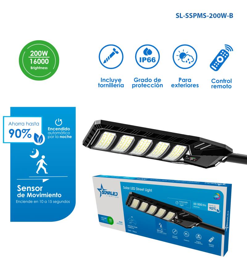 LÁMPARA LED CON PANEL SOLAR 200W SENSOR DE MOV UNID STARLED