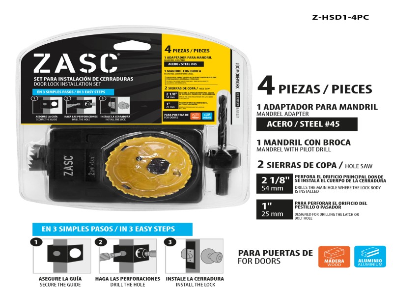 SET PARA INSTALACIÓN DE CERRADURAS - 4 PIEZAS MANDRIL UNID ZASC