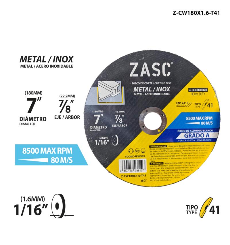 DISCO DE CORTE METAL FINO 7"x1/16" T41 (PLANO) UNID ZASC