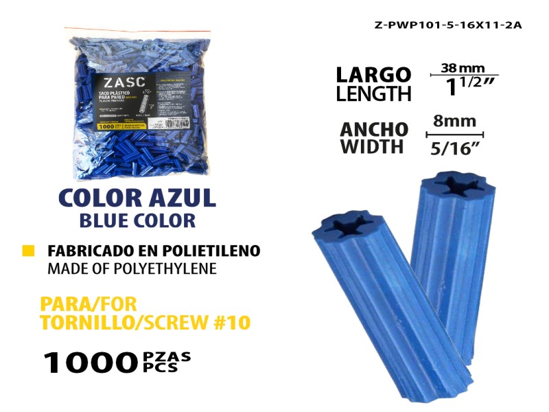 RAMPLUG PLÁSTICO 5/16" X 1 1/2" - AZUL 1000PZAS UNID ZASC