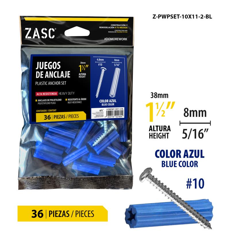 SET DE RAMPLUG Y TORNILLO 5/16X1-1/2 #10X1-1/2 - COLOR AZUL UNID ZASC